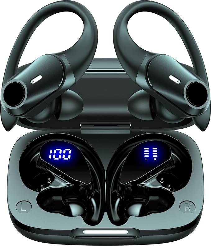 Active Noise Cancelling Ear Buds Wireless Earbuds 80H Playtime Bluetooth Headphones with LED Display Case, Hi-Res Audio Clear Calls Earphones with Over Ear Hooks for Running Gym Workout Travel Black by GOLREXWIRELESSEARBUDS