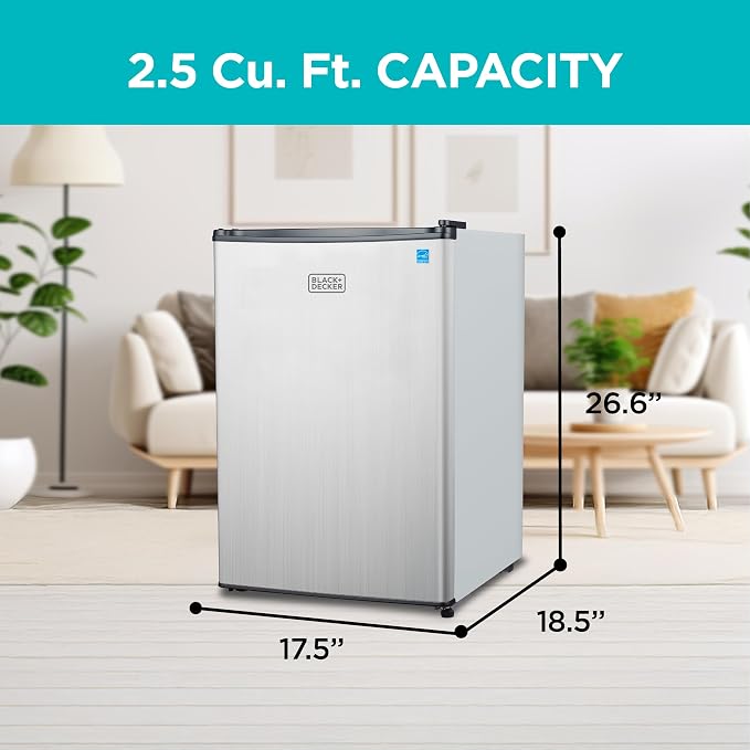 BLACK+DECKER 2.5 Cu. Ft. Compact Refrigerator, BCRK25V, Stainless Look | Energy Star Certified, Single Door Mini Fridge with Chiller Compartment, Personal Fridge for Home or Dorm, R600a Refrigerant - Image 2
