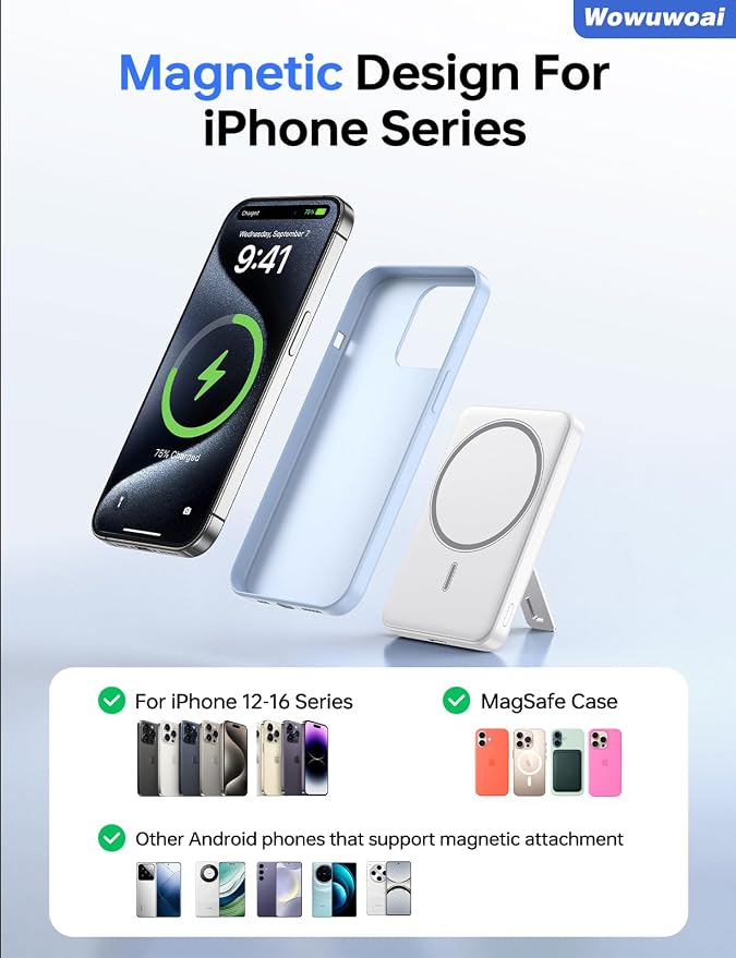 for Magsafe Portable Charger, 10000mAh Wireless Power Bank with Stand, USB C PD 20W Fast Charging Powerbank, Magnetic Battery Pack Compatible for iPhone 17/16/15/14/13/12 Series - White - Image 7