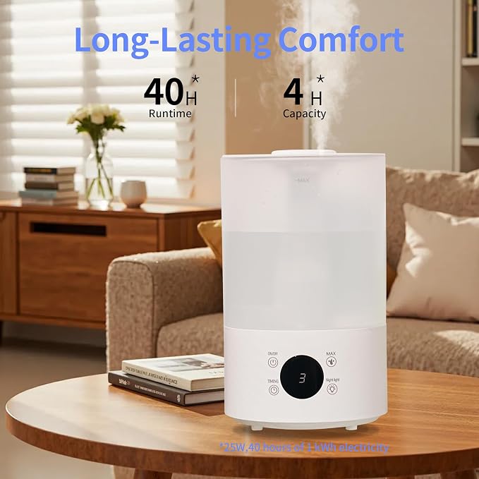Top Fill Humidifiers for Bedroom, 4.0L Tank Cool Mist Humidifiers for Large Room, 40H Runtime, Plants with 9H Timer, Auto Shut-Off,Quiet Ultrasonic Humidifier with 360° Nozzle for Baby Nursery - Image 2