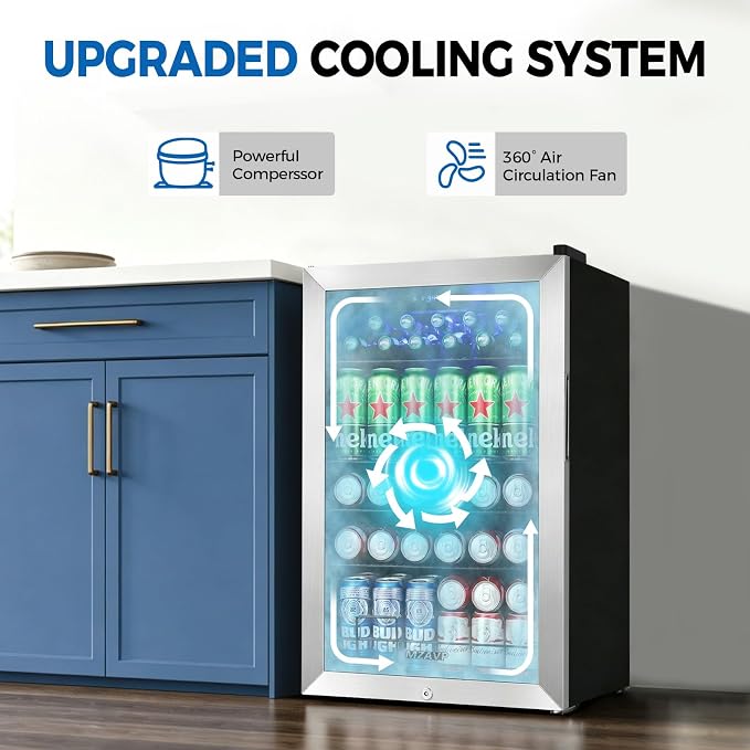 20 Inch Beverage Refrigerator Cooler, 145 Cans Mini Fridge with Glass Door&Lock, Small Drink Cooler Freestanding/Counter-Top for Soda, Beer with LED Light for Home Bar Office - 3.4 Cu.Ft, Silver - Image 5