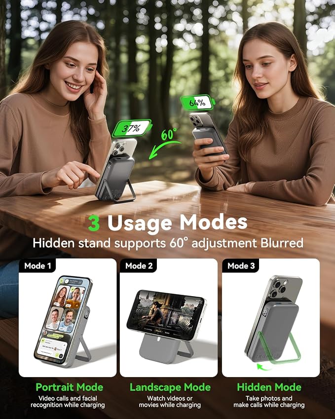 Magnetic Power Bank 10000mAh with for MagSafe Charging,PD 22.5W Fast Charge,Foldable Stand,Dual USB Output,LED Display (Space Gray) - Image 3