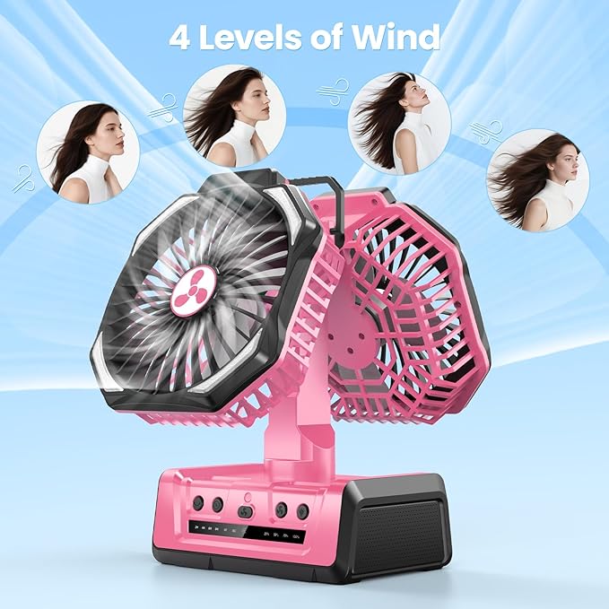 Dual Head Portable Rechargeable Fan 20000mAh Battery Powered Camping Fan Cordless with LED Lantern & Remote, Auto Oscillation, Hook, Battery Operated for Tent Office Travel Picnic Jobsite Orange - Image 3
