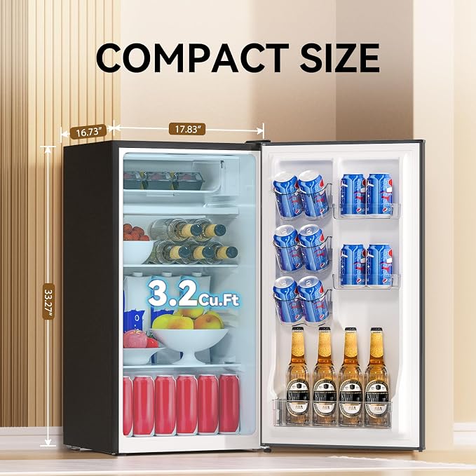 3.2 Cu. Ft. Single Door Mini Fridge with Freezer, Adjustable Thermostat, Energy Saving Low Noise Small Refrigerator for Bedroom Office Dorm, Black - Image 2