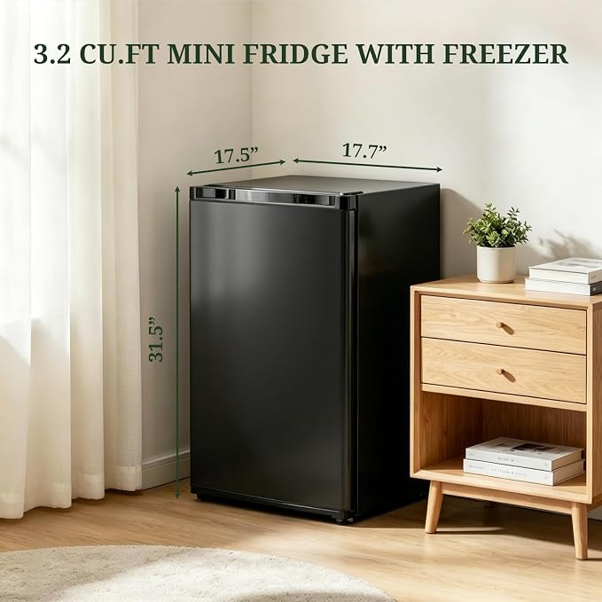 Mini Fridge with Freezer, 3.2 Cu.Ft Compact Single Door Refrigerator with Adjustable Thermostat, Low Noise & Energy Efficient (0.41kWh/Day), Small Fridge for Bedroom, Dorm, Office, Apartment (Black) - Image 2