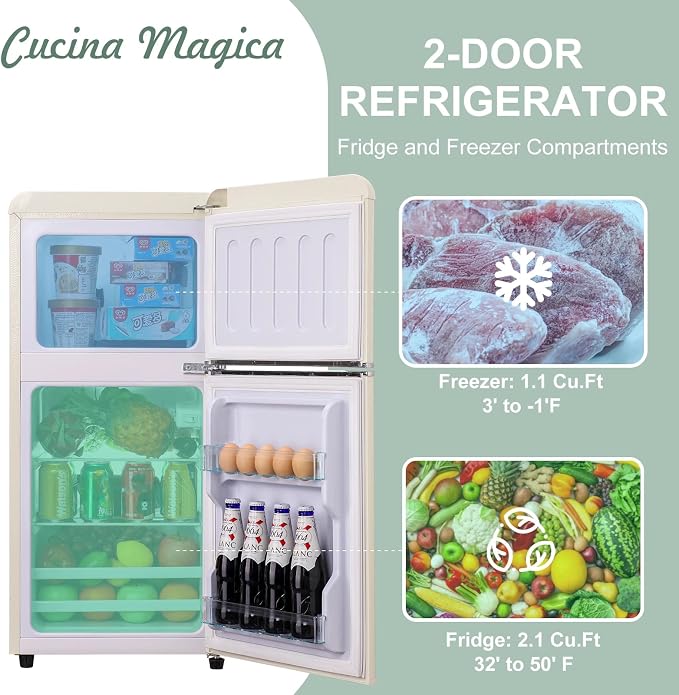 Mini Fridge with Freezer, 3.2 Cu.Ft Retro Double Door Refrigerator with 7 Level Thermostat, Adjustable Removable Glass Shelves for Bedroom Office Apartment Dorm Bar (CREAM, 3.2 Cu.Ft.) - Image 3