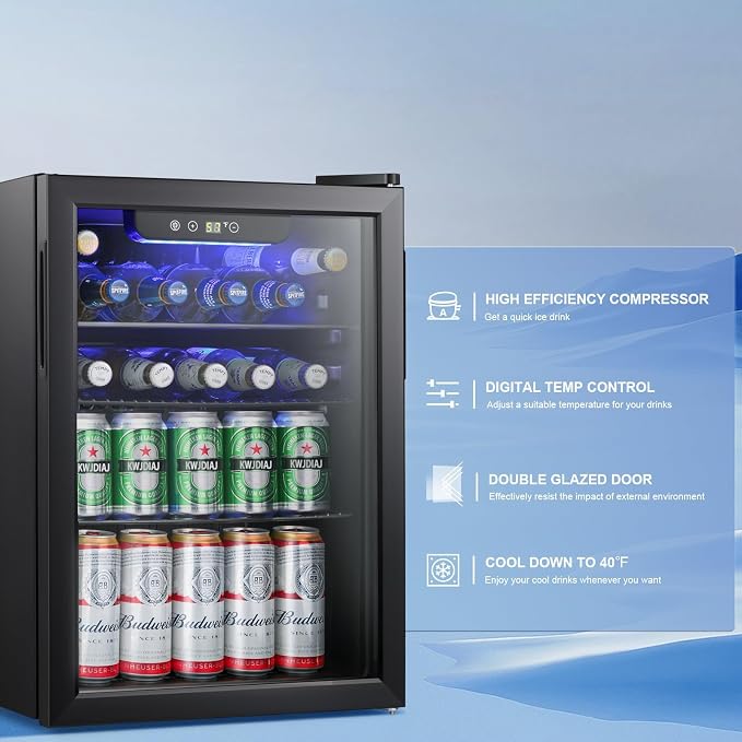 Antarctic Star Beverage Refrigerator Cooler-85 Can Mini Fridge Glass Door for Soda Beer Wine Stainless Steel Glass Door Small Drink Dispenser Digital Display for Home, Office Bar,2.6cu.ft - Image 3