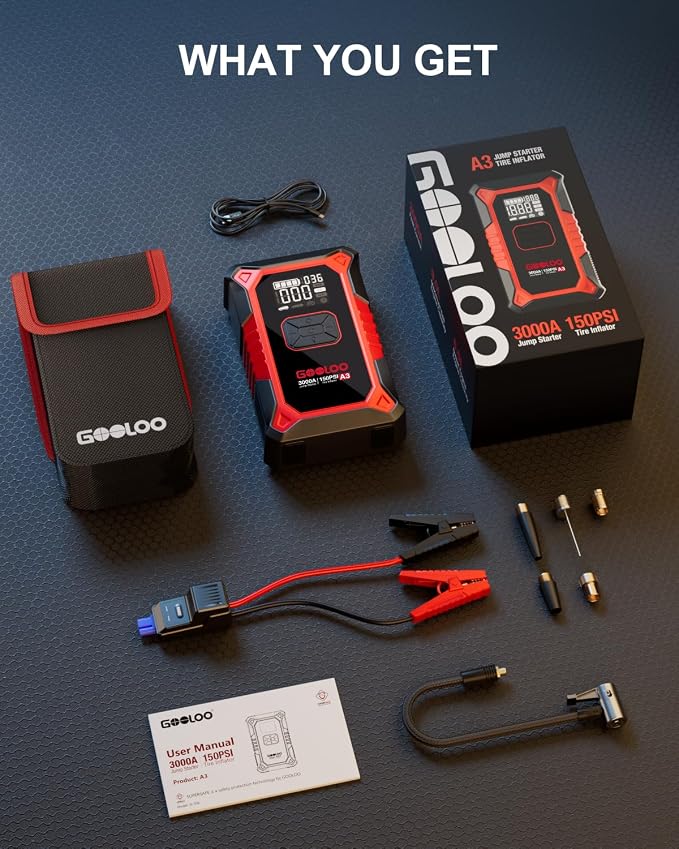 GOOLOO A3 Jump Starter with Air Compressor, 3000A Portable Car Battery Booster (9.0 Gas/6.5L Diesel) with 150PSI Auto-Shutoff Tire Inflator, 12V Supersafe Lithium Jump Box Car Battery Jumper Starter - Image 8