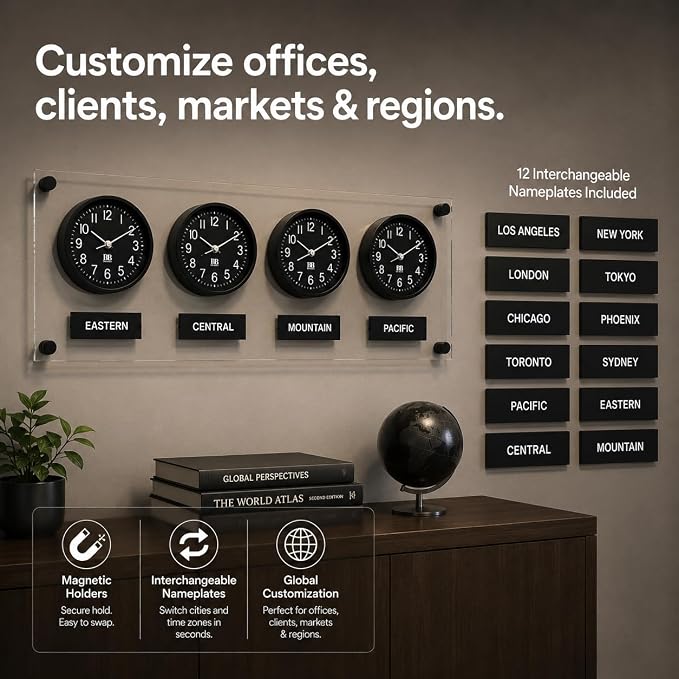 BBHORAIRE Black Time Zone Wall Clock, Silent Quartz Analog World Clock - Image 8