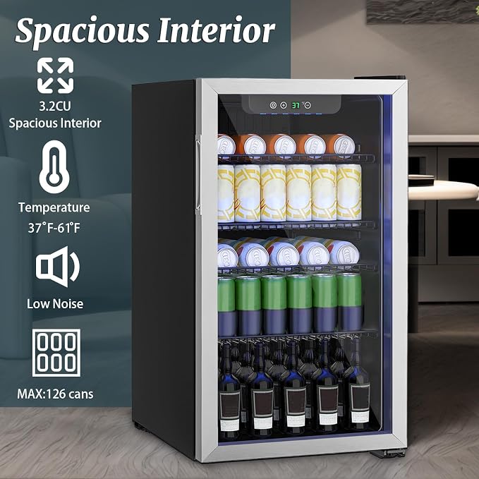 Compact 126 Can/3.2 Cu.Ft Mini Fridge, Reversible Glass Door | for Soda, Beer Or Wine, Portable Small Beverage Refrigerator with Digital Display&Removable Shelves for Office, Dorm, Bar - Image 5