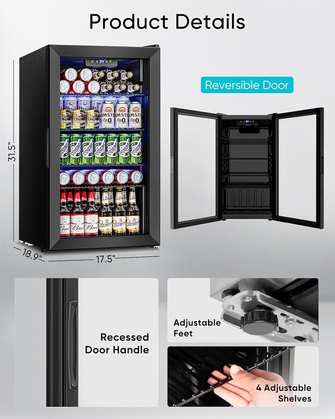 Feelfunn 3.2 Cu.Ft Mini Fridge with Glass Door - 126 Can Beverage Refrigerator Cooler for Drink Beer Wine Soda, Small Fridge for Bedroom Office Bar Dorm, 4 Adjustable Shelves, Black - Image 7