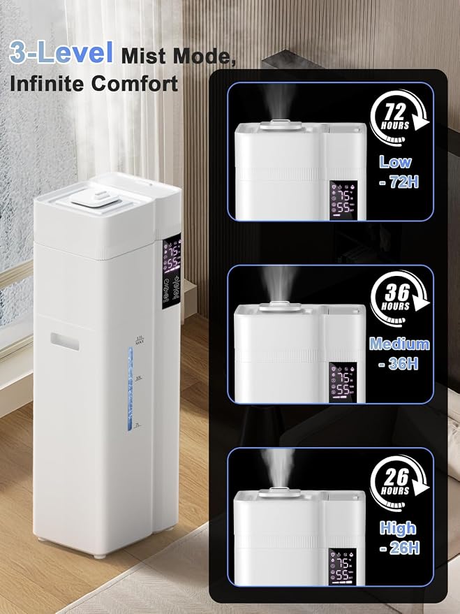 13L/3.4Gal Humidifiers for Bedroom, Ultrasonic Warm & Cool Mist Humidifier Large Room, Covers 800ft², 72H Runtime, 24H Timer, 3 Mist Modes Top Fill Quiet Humidifiers for Home, Office, White - Image 5
