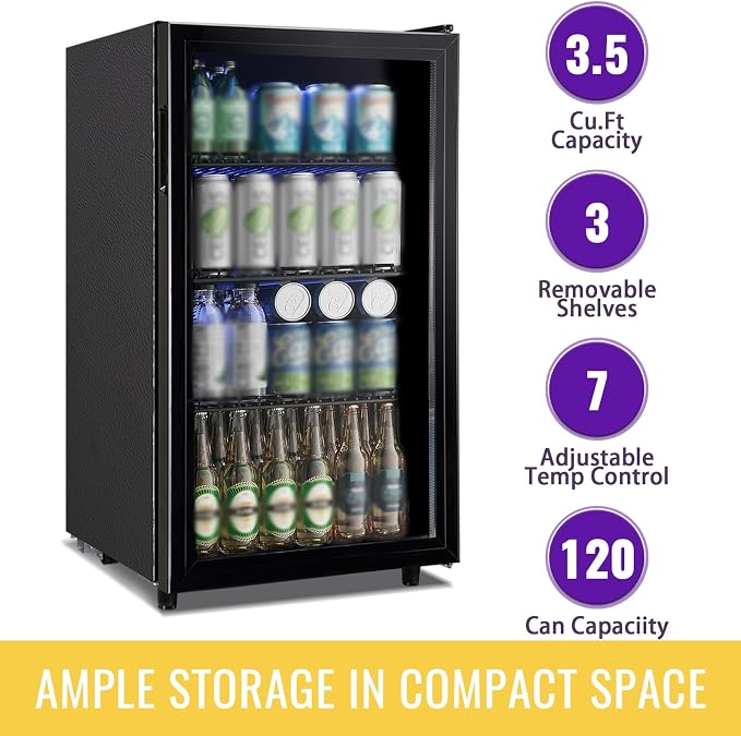 3.5 Cu.ft Beverage Refrigerator Cooler, Mini Fridge with Glass Door for Beer Soda or Water, Small Drink Cooler Machine Clear Front Removable Shelves perfect for Home, Bar, Office - Image 2