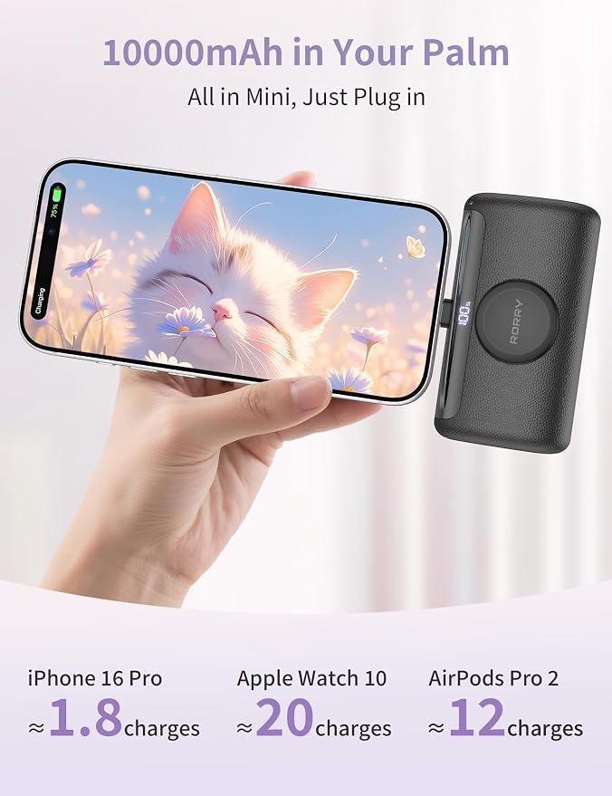 RORRY PalmGo Portable Charger, 10000mAh PD 22.5W Fast Charging Mini Power Bank with Built-in USB C Connector, 3-in-1 Battery Pack for iPhone 17/16/15 Pro/Max, Apple Watch Ultra/11/10/SE, iPad, Black - Image 2
