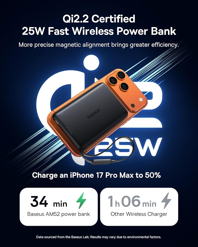 Baseus Picogo AM52 MagSafe Power Bank, Qi2.2 25W 10,000mAh Magnetic Portable Charger, 0.6" Slim Built-in 45W USB-C Cable, Alloy Fast Charging Wireless Battery Pack for iPhone 17/16/15/14/13/12 Only - Image 3