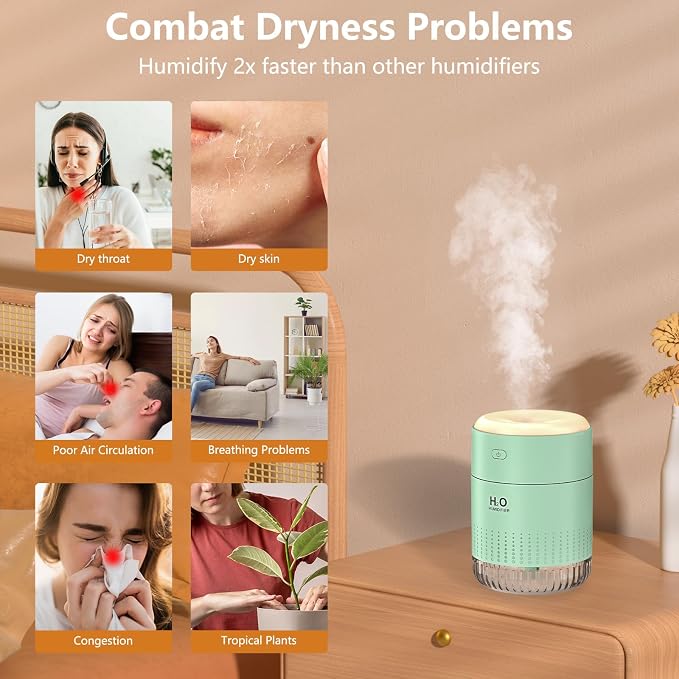 Small Humidifiers for Bedroom 350ml Mini Portable Humidifier for Travel Plants Humidifier, Humidificador for Bedroom Plants Travel Office Desk Car Light Green - Image 2