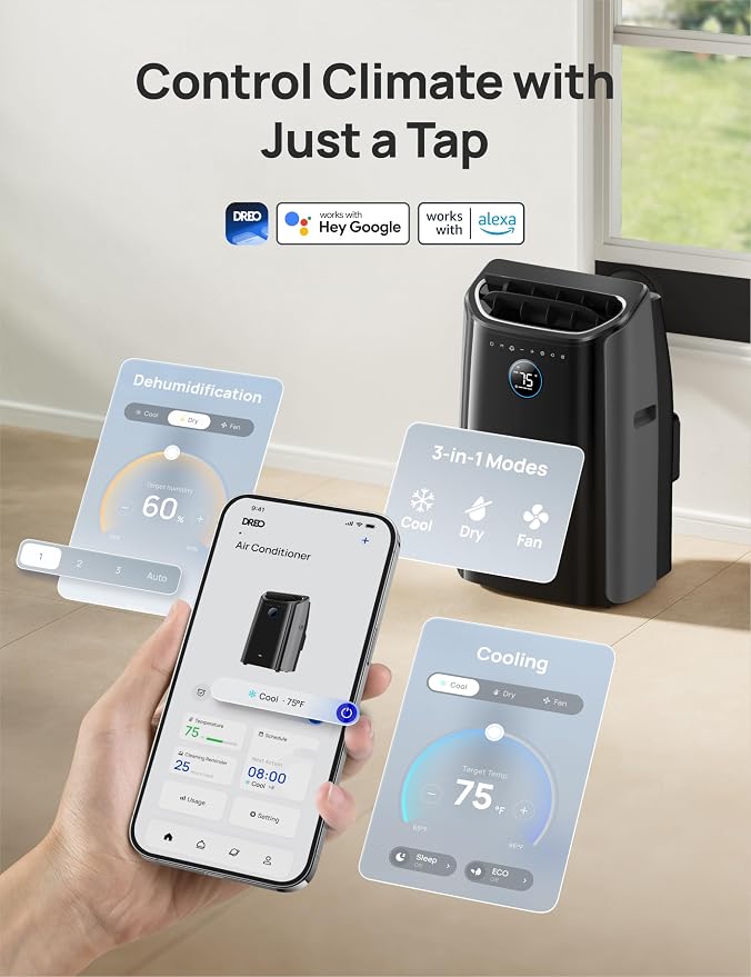 DREO Portable Air Conditioners, 8000 BTU (DOE) AC Unit for Bedroom with Drainage-free Cooling, 3-in-1 with Fan & Dehumidifier, Touch/APP/Voice/Remote, 24h Timer, Smart Floor AC for Room Indoors - Image 4