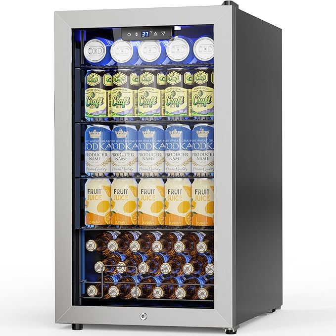 Velivi Mini Beverage Refrigerator 3.2 Cu. Ft Small Fridge 126 Can Lockable Drink Cooler with Glass Door, Safety Lock, For Beer Soda, Silver | Small Fridge 126 Can Lockable Drink Cooler with Glass Door, For Beer Soda, Silver by Velivi