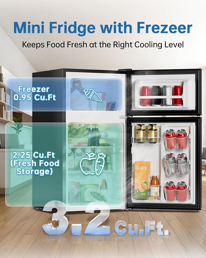 3.2 Cu Ft Mini Fridge with Freezer, Double Door Upright Freezer | Energy Efficient, Glass Shelves, Interior Light, ETL Certified, Compact Small Refrigerator for Bedroom, Office & Dorm, Black - Image 3