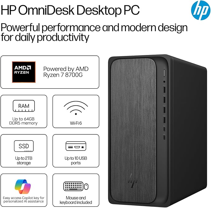 HP OmniDesk M02 Tower Desktop for Professionals, AMD Ryzen 7 8700G Performance for Productivity & Multitasking, 16GB DDR5 RAM, 1TB SSD, W11P, Wireless KB & M, Bundle with ADATA 64GB USB Flash Drive - Image 5
