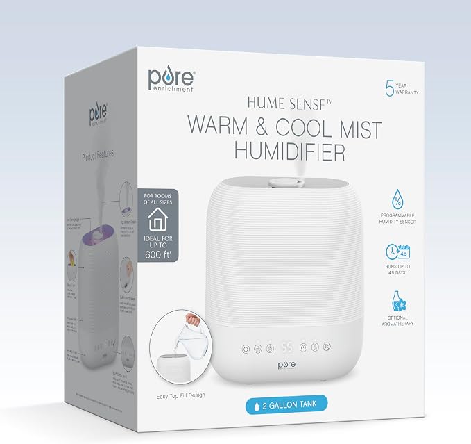 Pure Enrichment HUME Sense Warm & Cool Mist Top-Fill Humidifier, 2-Gal Tank, Up to 4.5 Days, Auto Humidity Sensor, 3 Mist Levels, Night Light, Aromatherapy, Sleep Mode & Auto Shut-Off - Image 8