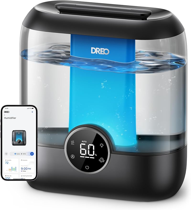 DREO Smart Humidifiers for Bedroom, 6L Top Fill Supersized Cool Mist Humidifier for Large Room, 60 Hour Runtime, Quiet Ultrasonic Humidifier for Plants, Indoor, Home, Night Light, Black by DREO