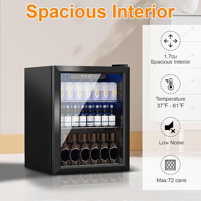 DOGHLY 72 Cans/1.7 Cu.Ft Beverage Refrigerator Glass Door Mini Fridge | Fast Cooling Mini Cooler with Adjustable Shelves for Soda, Beer, Wine, Low Noise Beverage Fridge for Home, Office,and Dorm - Image 5