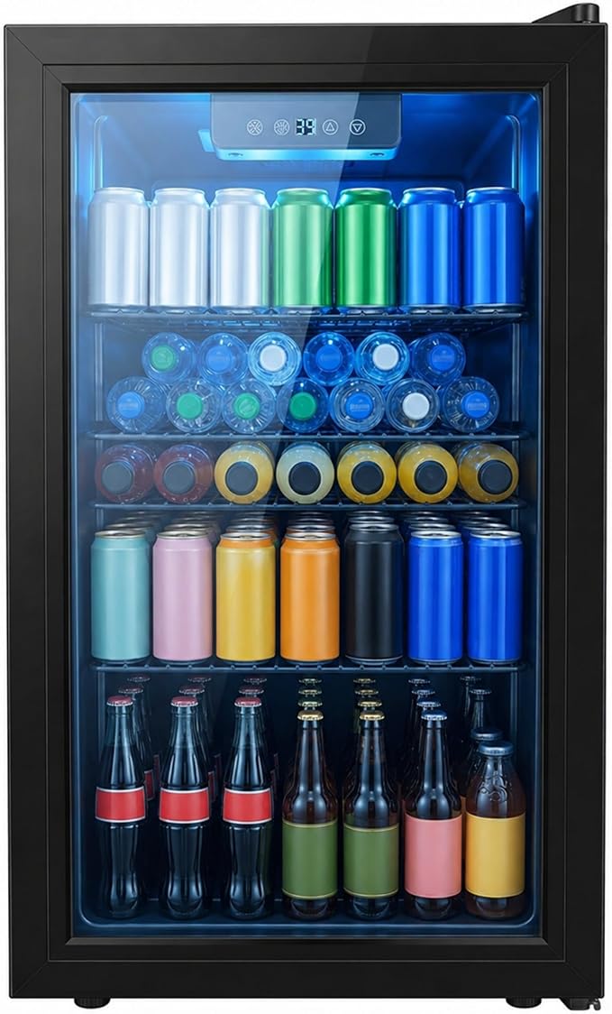 Dawmilon 3.2 Cu.Ft Beverage Refrigerator, 126 Can Beverage Cooler, Glass Door Drink Fridge, Mini Fridge with Digital Temperature Control and Air Cooling System for Beer Soda Wine Home Office Bar by Dawmilon