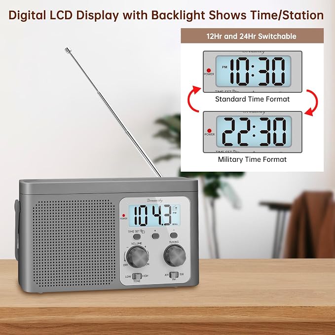 DreamSky AM FM Radio Portable - Shortwave Radio Battery Powered or Plug in Wall for Home Outdoor, Strong Reception, Large Dial Easy to Use, Digital Time Display, Transistor Antenna, Seniors Small Gift - Image 4