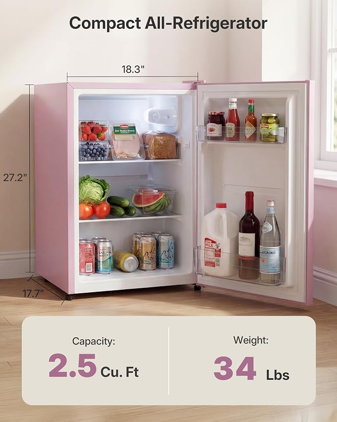 Upstreman 2.5 Cu.Ft All-Refrigerator Mini Fridge, Single Door Small Refrigerator, Dorm Fridge with 7 Adjustable Thermostat, Compact Refrigerator for Office, Bedroom or Dorm, Pink-CR26 - Image 2