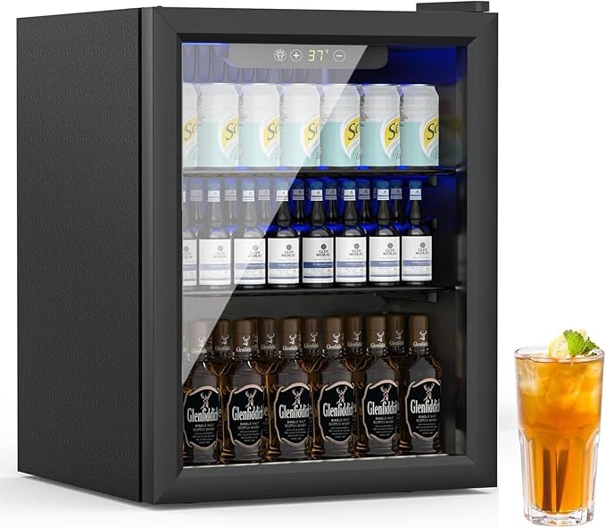 Stopasd Beverage Refrigerator Cooler, 1.6 Cu.Ft/70 Can Drink Fridge with Adjustable Shelves & Glass Door for Soda Wine Beer, Quiet Undercounter Small Fridge for Home/Office/Bar/Garage(37°-61℉), Black by Stopsad