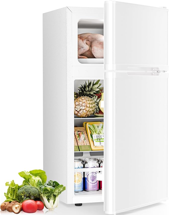 Antarctic Star Compact Mini Fridge with Freezer,Double Door with Adjustable Thermostat,Small Fridge Removable Shelves for Dorm/Office,2.5 Cu.Ft,WHITE by AntarcticStar