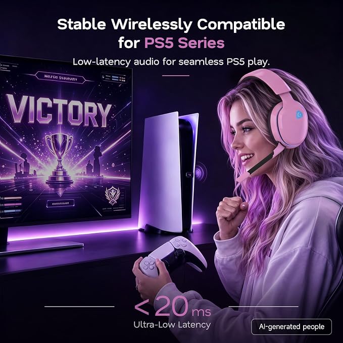 AOC 2.4GHz Wireless Gaming Headset for PS5, PS4, Switch, 45Hr, Blush Pink | Bluetooth 6.0 Gaming Headphones with Noise Canceling Mic, 7.1 Virtual Surround, Great for Fortnite & Call of Duty/FPS Gamers - Image 2
