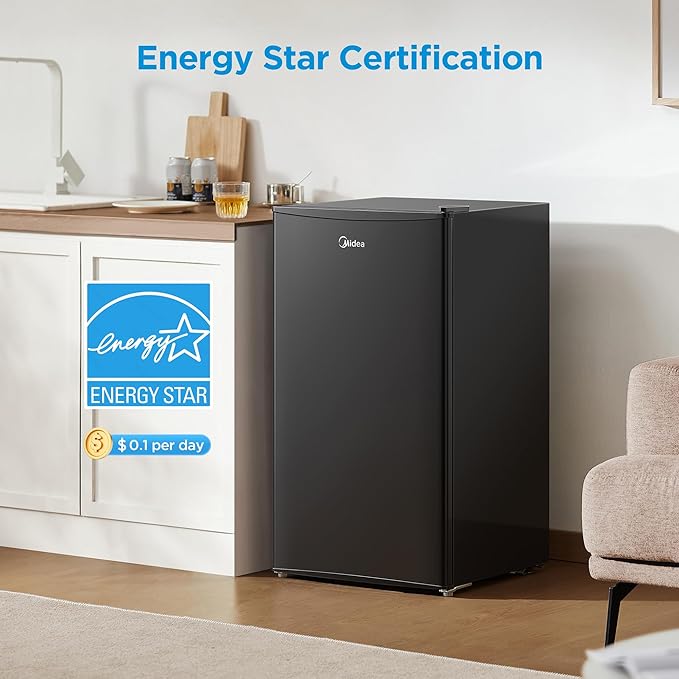Midea 3.3 Cu.ft Compact Fridge, Energy Star Certified, Low Noise for Office | Adjustable Thermostat, Reversible Door,Ideal for Dorm, Office, Black - Image 5