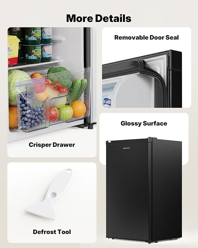 Upstreman 3.2 Cu.Ft Mini Fridge with Freezer, Black-BR321 | Adjustable Thermostat, Energy Saving, Low Noise, Reversible Door, Small Refrigerator for Dorm, Bedroom, Office - Image 7