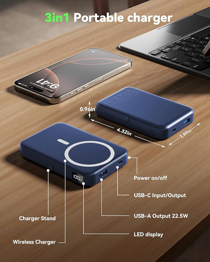 Magnetic Power Bank 10000mAh with for MagSafe Charging,PD 22.5W Fast Charge,Foldable Stand,Dual USB Output,LED Display (Dark Blue) - Image 8