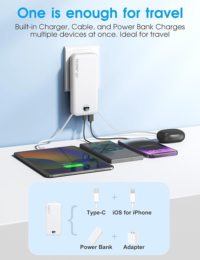 Portable Phone Charger, 10000mAh PD20W Fast Charging Power Bank with Built-in Cables & Wall Plug, External Battery Bank with LED Display, Travel Essential Battery Pack for iPhone, iPad, Samsung White - Image 4