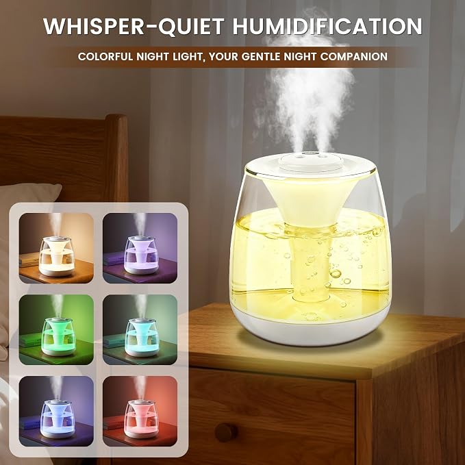 Humidifiers for Bedroom, 3 L Cool Mist Top-Fill 40H Super Long Time, 23dB Quiet, Baby Humidifier, Oil Diffuser for Large Room, Plants, Nursery, Office, Colored lights (white) - Image 4