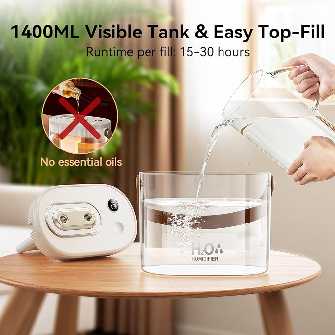 DIGIX Rechargeable Portable Humidifier-Smart Display,Night Light,Easy Clean,1.4L Small Humidifiers for Bedroom Baby, Personal Mini Humidifier for Travel Home Plants,3 Mist Modes, Auto Shut-Off (White) - Image 6