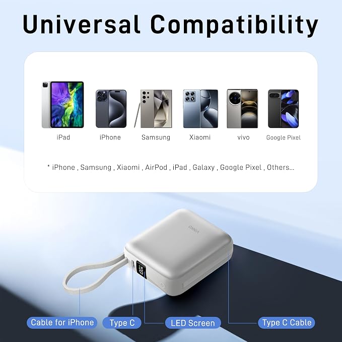 VINKO Small Portable Charger, 22.5W Fast Charging Mini Power Bank 10000mAh with Built-in Cables, Travel Essential USB-C Battery Pack Compatible with iPhone 17/16/15, Samsung S25/24, Android (White) - Image 7