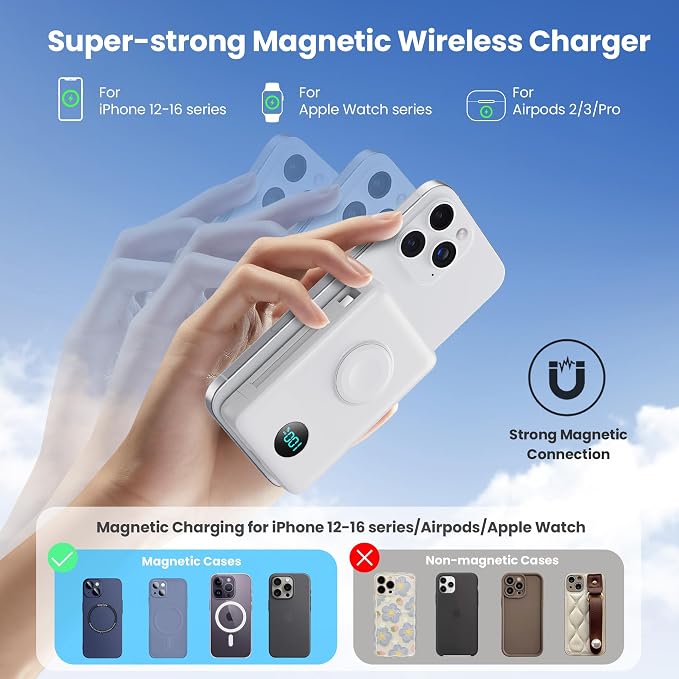 Magnetic Portable Charger for MagSafe with Built-in Cable, iWatch Charger, 10800mAh Wireless Power Bank Travel Essentials, 25W PD Fast Charging Battery Pack for iPhone 17/16/15/14/13,Apple Watch-White - Image 7