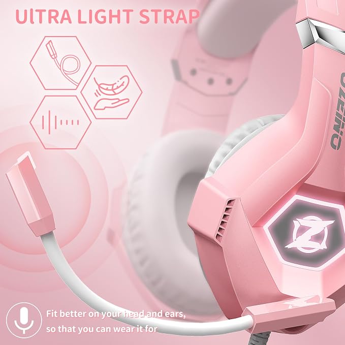 Ozeino Gaming Headset for PC, Ps4, Ps5, Xbox Headset with 7.1 Surround Sound, Gaming Headphones with Noise Cancelling Mic RGB Light Over Ear Headphones for Xbox Series X/S, Switch-Pink - Image 6