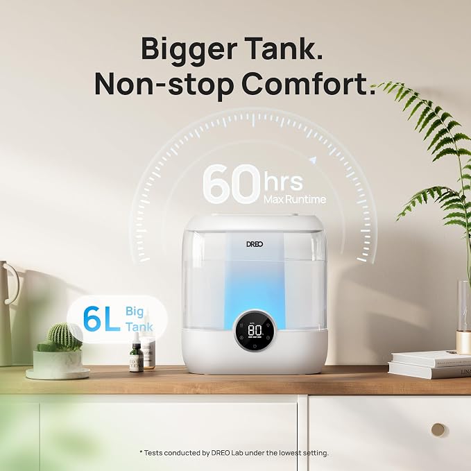 DREO Smart Humidifiers for Bedroom, 6L Top Fill Supersized Cool Mist Humidifier for Large Room, 60 Hour Runtime, Quiet Ultrasonic Humidifiers for Plants, Indoor, Home, Night Light, White - Image 5
