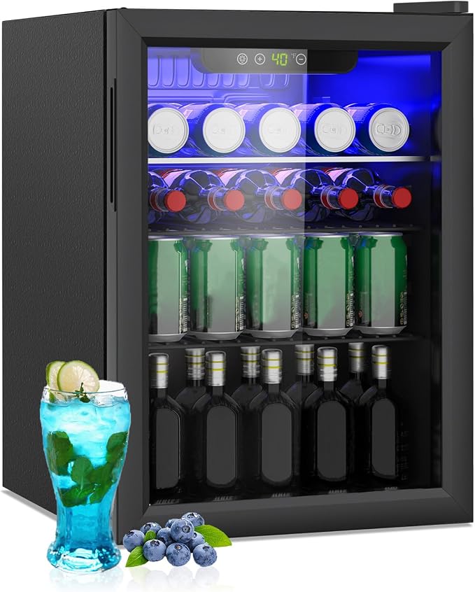Compact 95 Can/2.6Cu.Ft Mini Fridge, Reversible Glass Front Door | For Soda, Beer or Wine, Portable Small Beverage Refrigerator with Digital Display & Removable Shelves for Office, Dorm, Bar by Unknown