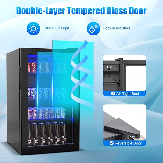 COSTWAY 120 Can Mini Beverage Fridge, Freestanding Beverage Refrigerator Cooler with Glass door, Removable Shelves for Soda Beer Wine, Small Drink Bar Fridge for Home Living Bedroom, 3.2 Cu.Ft | Cooler with Glass door, Removable Shelves for Soda Beer W... - Image 4