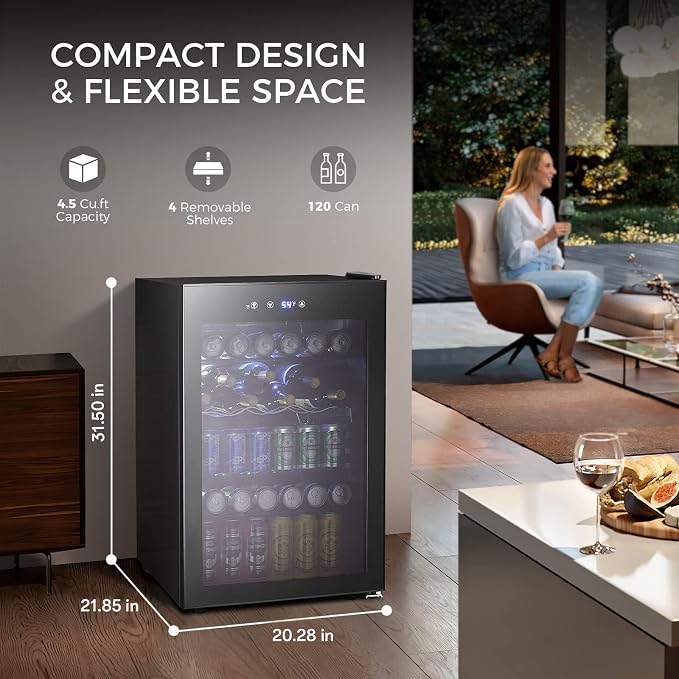 Kismile 4.5 Cu.ft Beverage Refrigerator and Cooler,145 Can Mini Fridge Glass Door with Digital Temperature Display for Soda,Beer or Wine,small Drink Dispenser Cooler for Home,Office or Bar (Black) | Capacity with digital temp control. Glass door for ea... - Image 2
