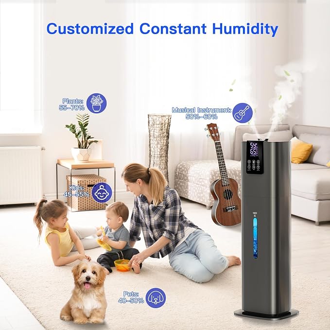 Smart Humidifiers Large Room Bedroom Home, 2.11Gal(8L) Quiet Top Fill Cool Mist Humidifier, Smart App & Remote Control, 3 Speed Humidifier with 360° Nozzle, Humidity Setting for Baby Office(Gray) - Image 9
