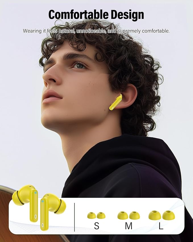 Wireless Earbuds, Bluetooth 5.4 Headphones Bass Stereo/Clear Calls, Yellow | Ear Buds with Noise Cancelling Mic LED Display in Ear Earphones IP7 Waterproof 36H Bluetooth Earbuds for Phones/Sport/Laptop - Image 6