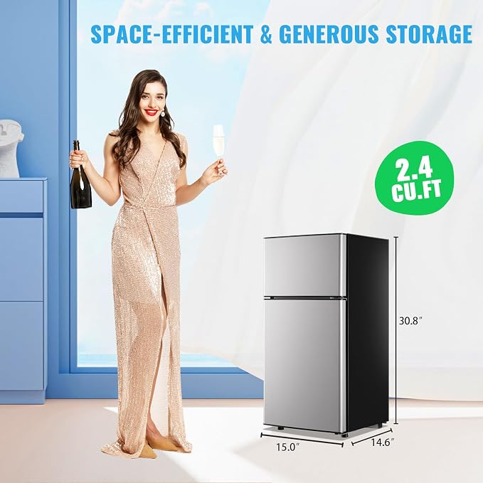 Mini Fridge with Freezer, 45L Personal Refrigerator Only for One Person Use, Silver Tiny Small Size Refrigerator with 7 Level Adjustable Temperature and Double Door - Image 3