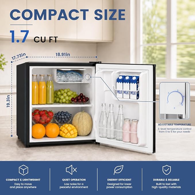 1.7 Cu.Ft Mini Fridge with Freezer for Dorm Office,Black | Compact Refrigerator Office, Energy Saving Small Fridge Reversible Single Door, Low Noise for Bedroom Small Apartment - Image 2